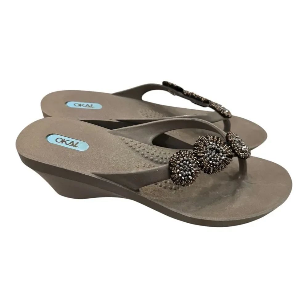Oka-B Rhinestone Beaded Design Wedge Flip Flop Slide Sandals M 8.5 - 9.5